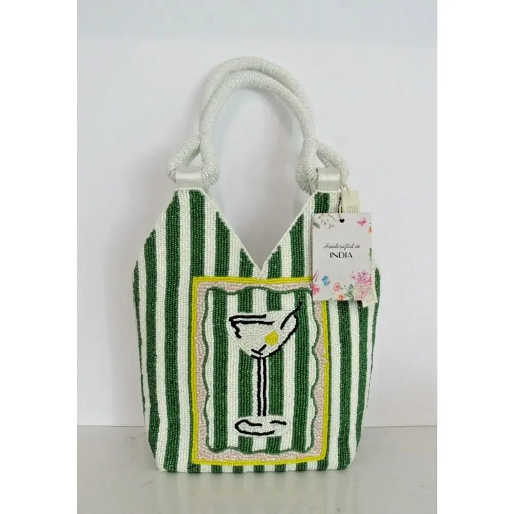 NWT Handcrafted in India Martini Beaded Bag Green & white Striped Tik Tok Viral - Picture 2 of 8